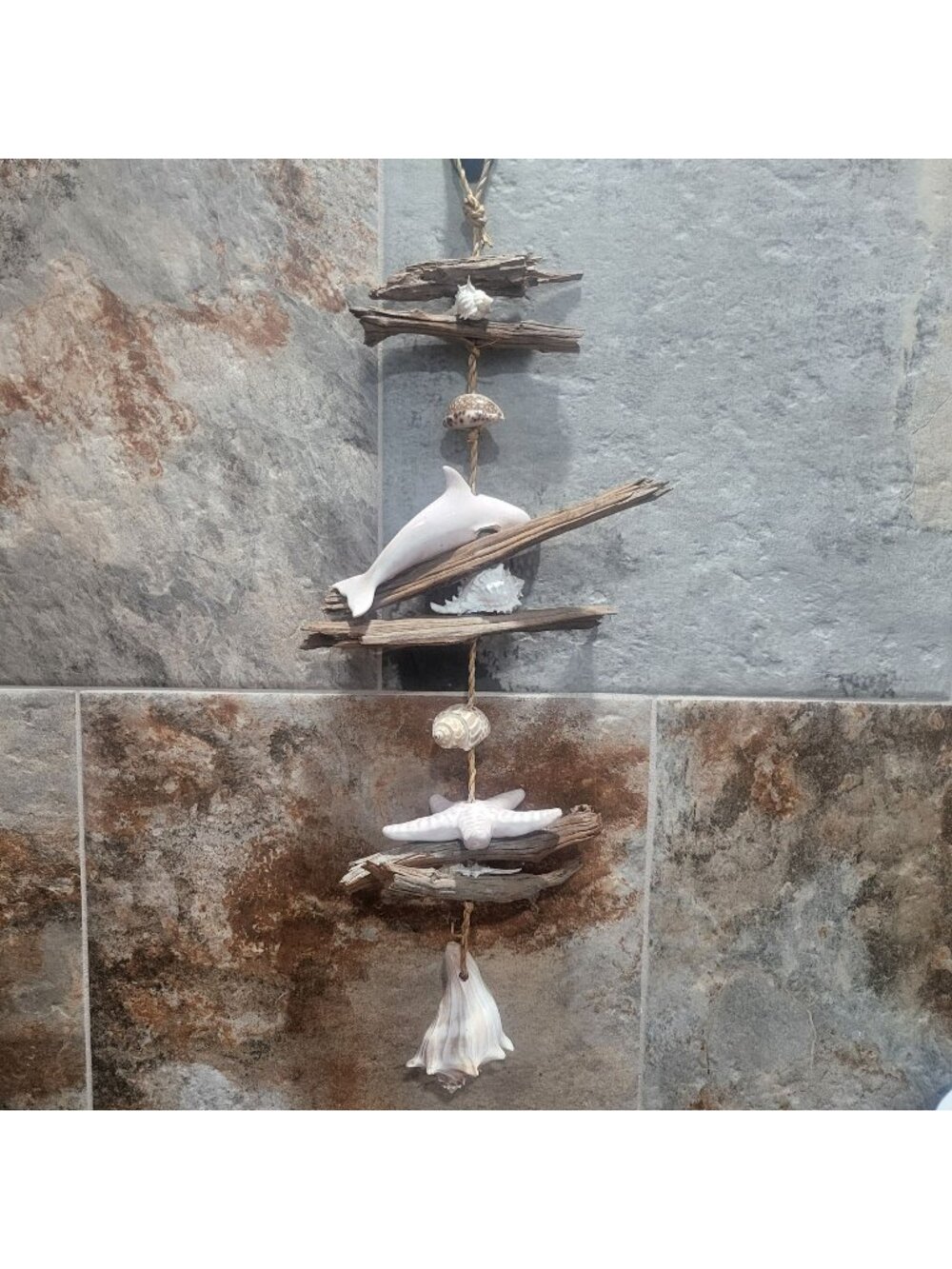 Vintage Pottery Dolphin Shells Driftwood Wind Chime Wall Hanging Art